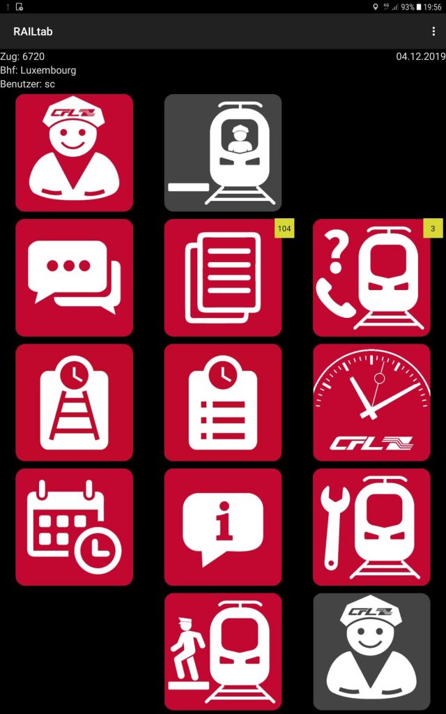 The start page of the RAILtab app displays a series of data and tools, which are listed in individual areas (red icons)