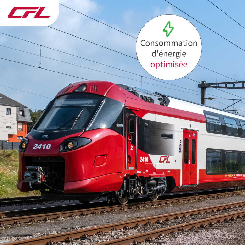 Présentation des nouveaux trains Coradia des CFL. Vue sur un nouveau train Coradia en pleine ligne.