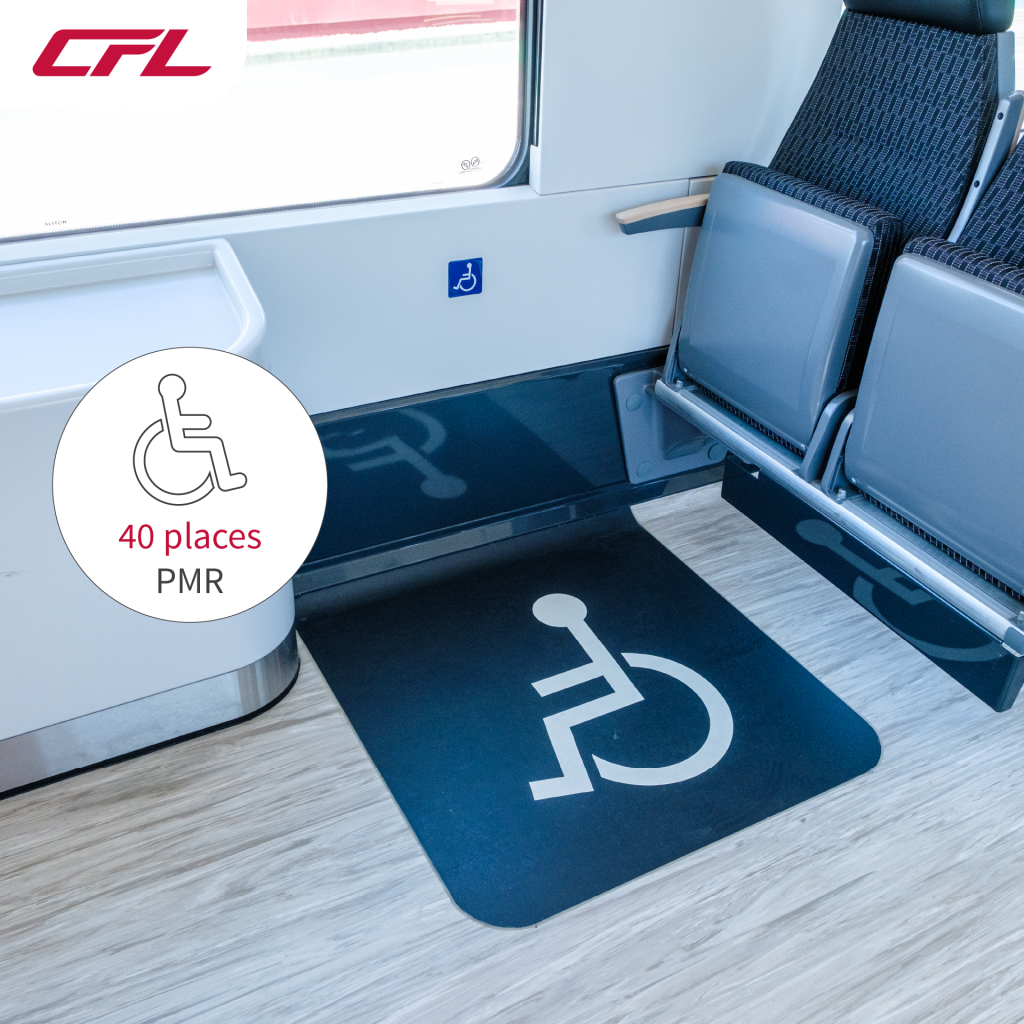 Présentation des nouveaux trains Coradia des CFL. Un emplacement pour les personnes à mobilité réduite dans les nouveaux trains.